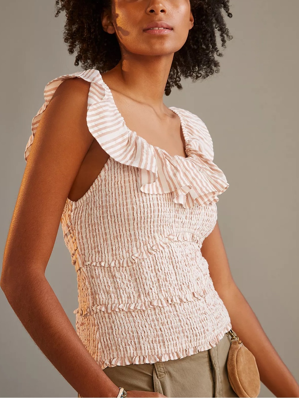Anthropologie Pink and White Striped Ruffle Smocked Tank